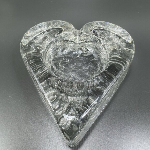 Mid Century Clear Heart Shaped Ashtray Dish Bowl Heavy Thick Textured Glass VTG - Picture 5 of 13